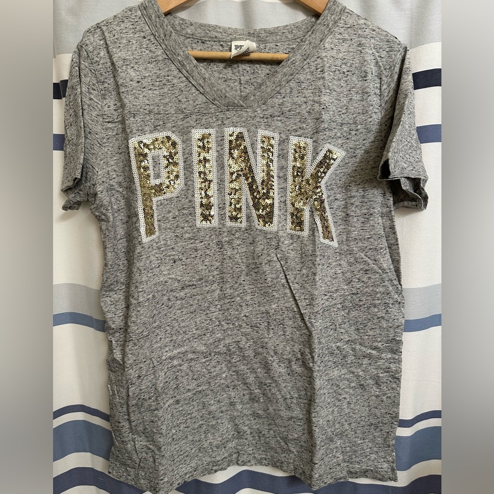 Pink brand heather grey sequined tshirt. Size small but runs a bit big.